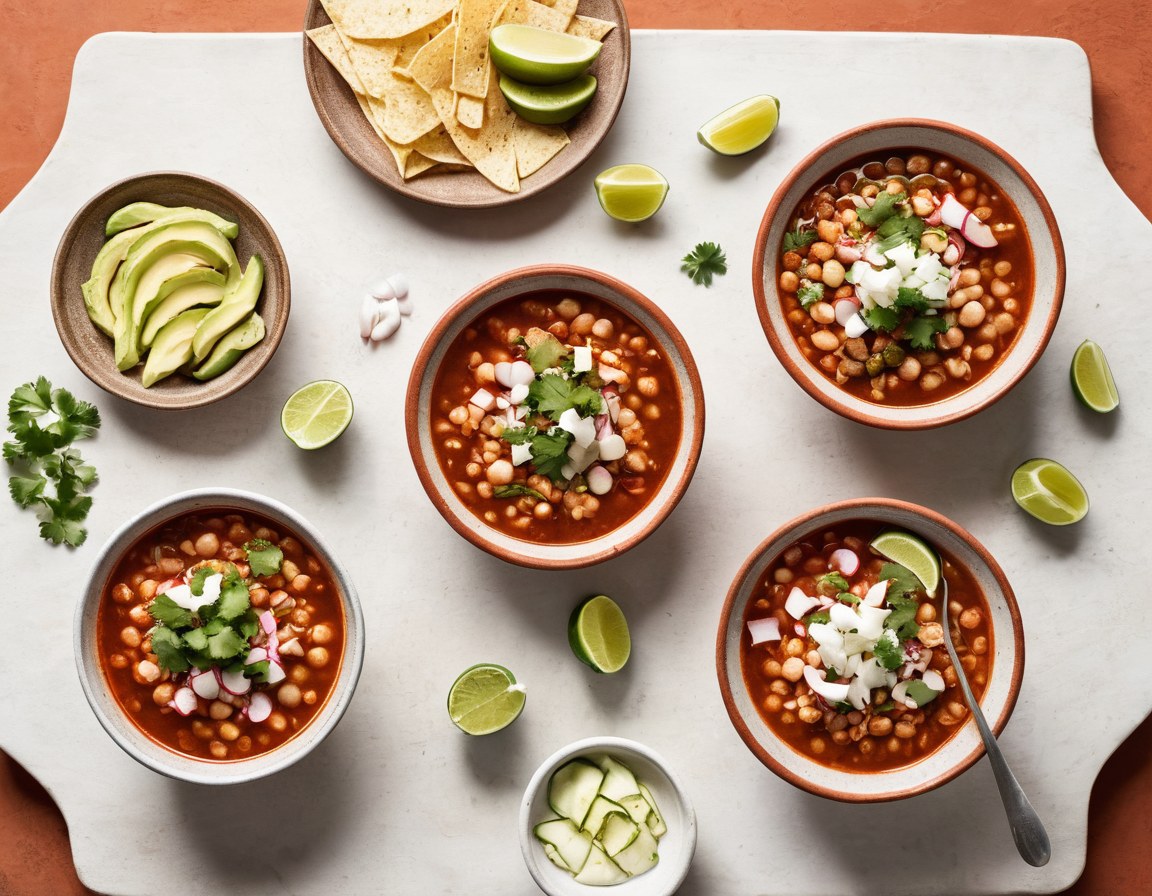 Mesa con distintos estilos de pozole y guarniciones servidas aparte