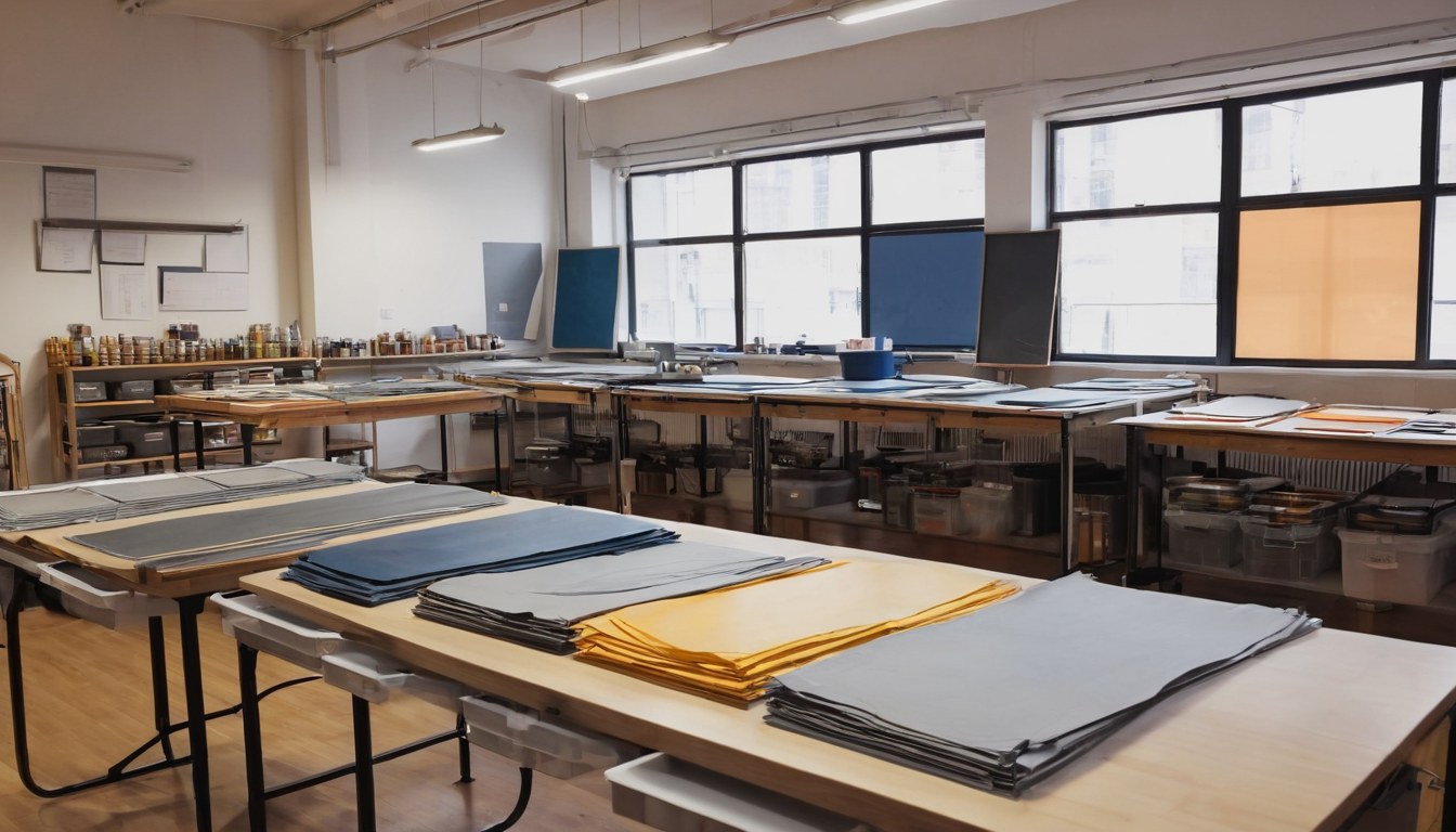 Mesas de trabajo de un taller de serigrafía con papel y pantallas listas para imprimir