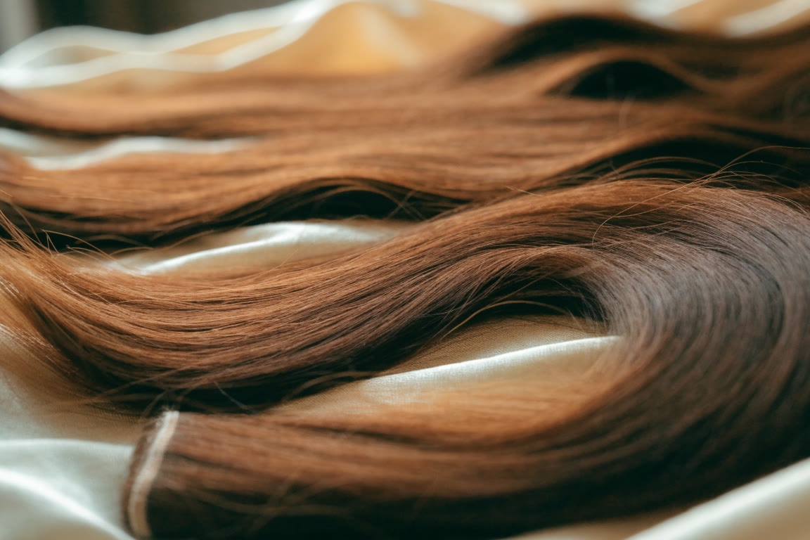 Tramas de cabello castaño en ondas sobre seda marfil