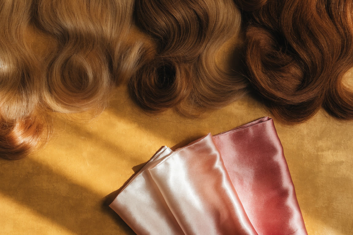 Tramas de cabello en tonos miel, caramelo y castaño junto a telas satinadas