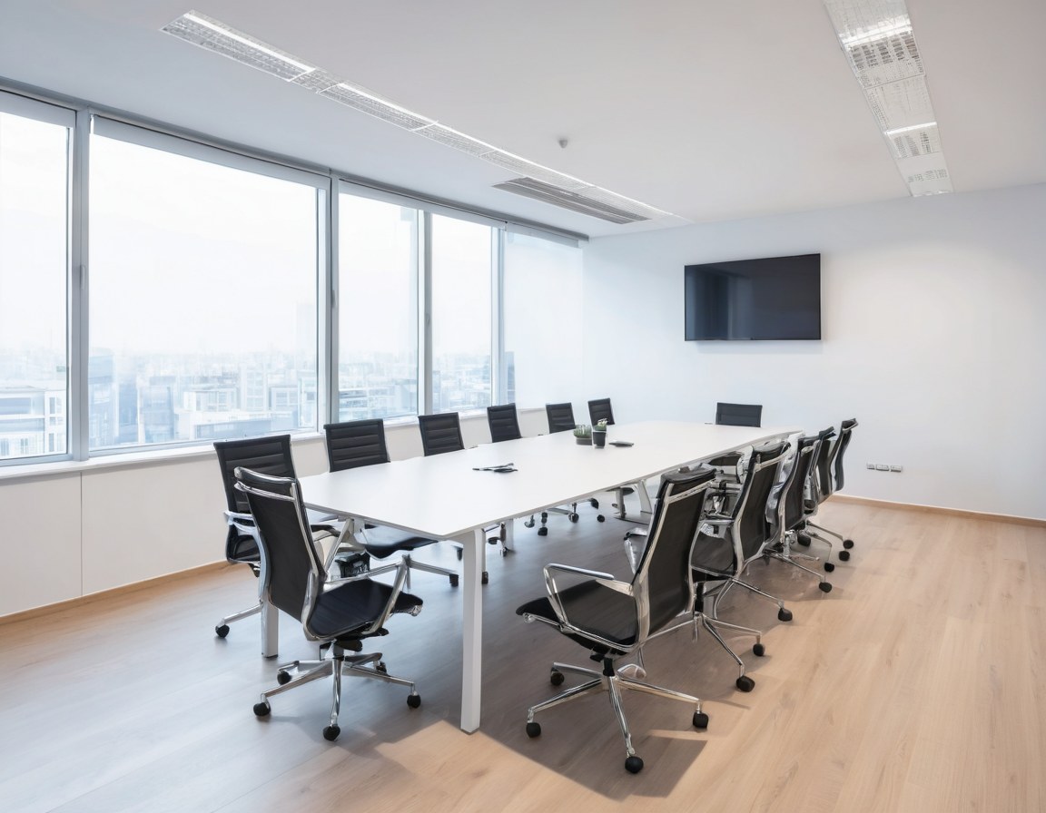 Sala de juntas de oficina limpia, con mesa despejada y sillas alineadas