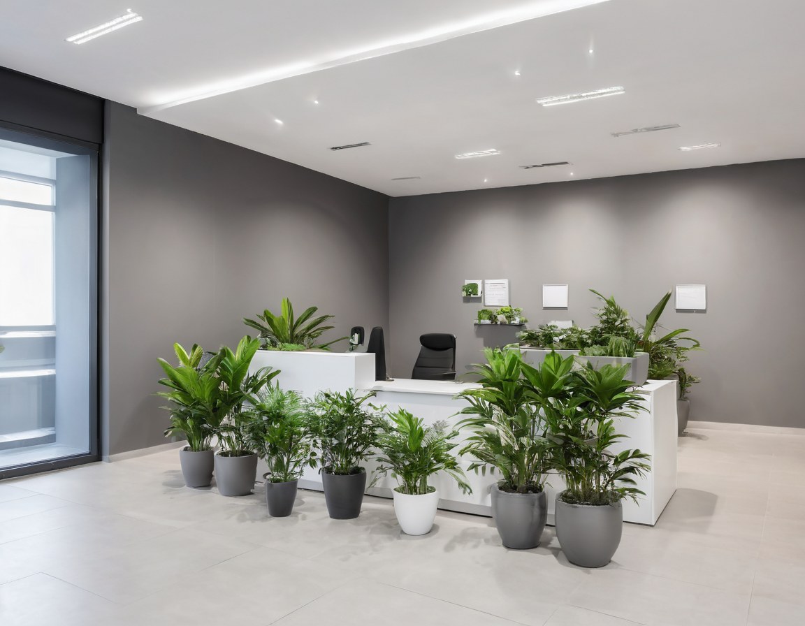 Recepción de oficina limpia al anochecer, con mostrador pulcro y plantas