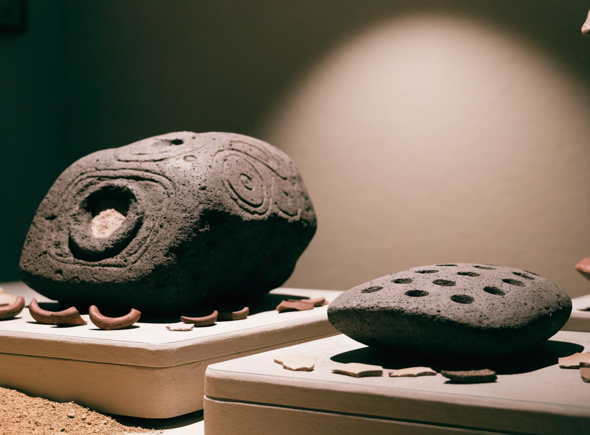 Piezas de piedra tallada y fragmentos de cerámica en bases de exhibición