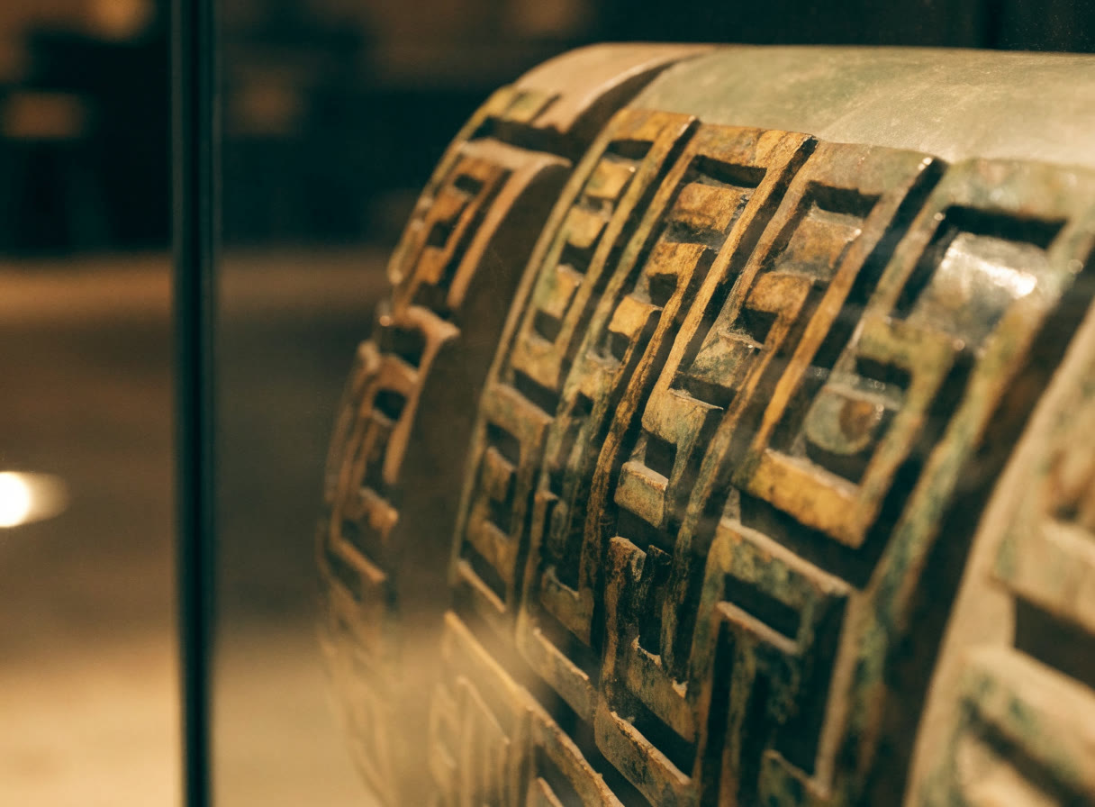 Relieve de cerámica con grecas dentro de una vitrina