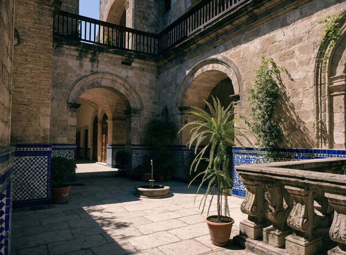 Patio del museo con arcos de piedra y guardapolvo de azulejo