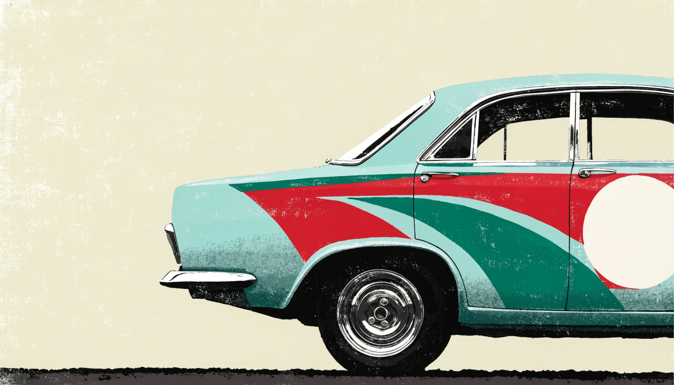 Ilustración de un auto clásico restaurado, de perfil, con franjas rojas y verdes en las puertas
