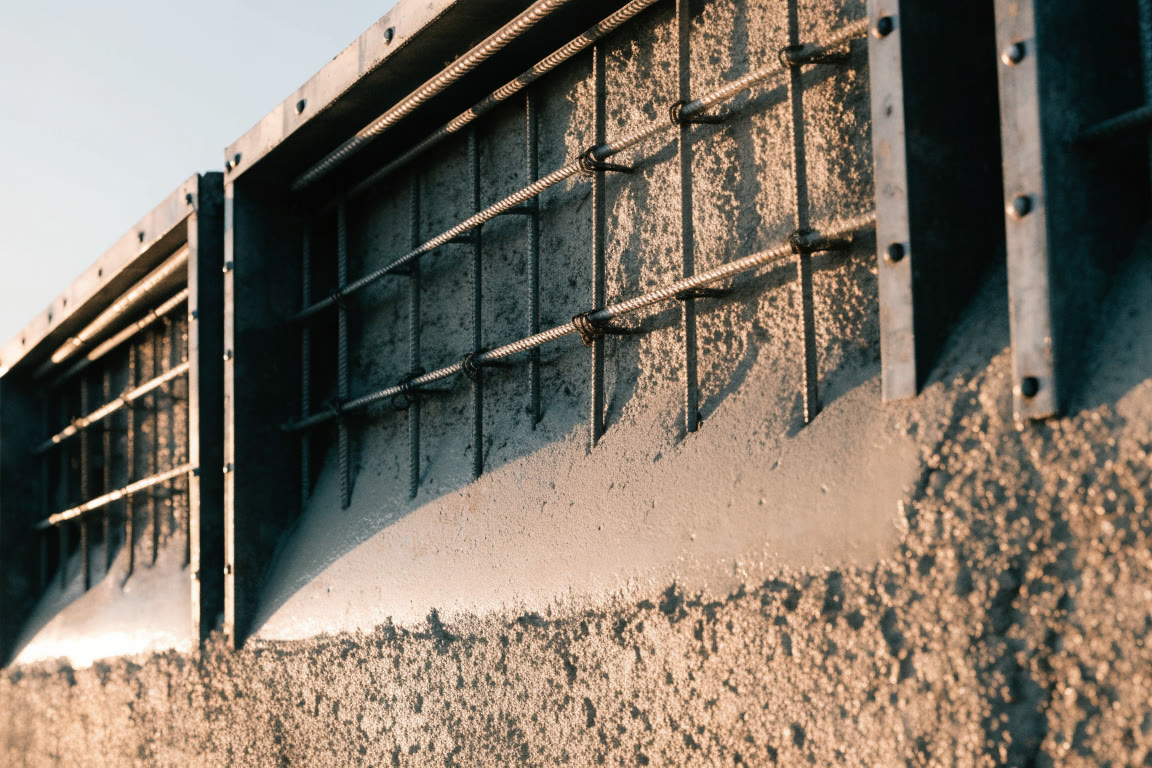 Cimbra metálica, acero de refuerzo y concreto fresco