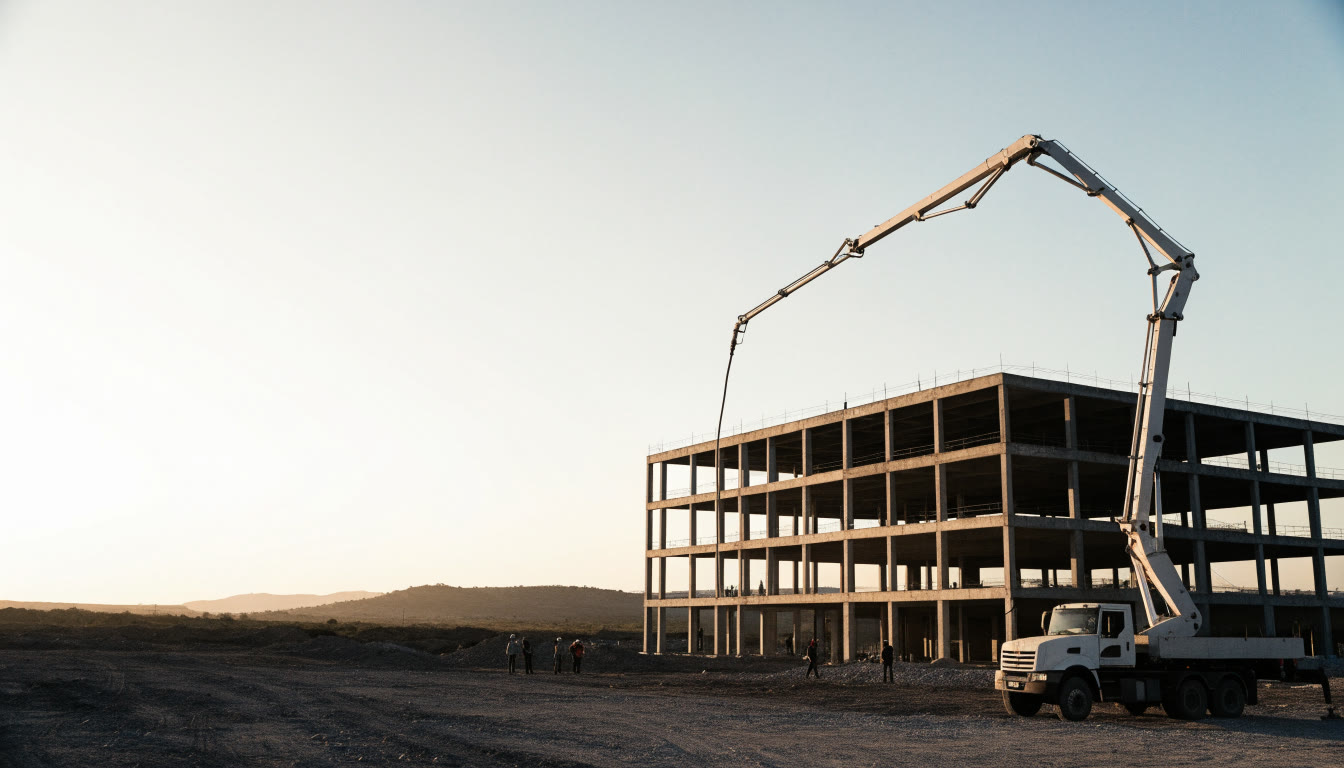 Bomba de concreto con la pluma desplegada sobre la losa de un edificio en obra negra al amanecer