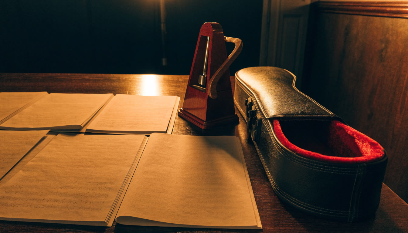 Lista de canciones sin texto visible junto a un metrónomo y estuche de violín