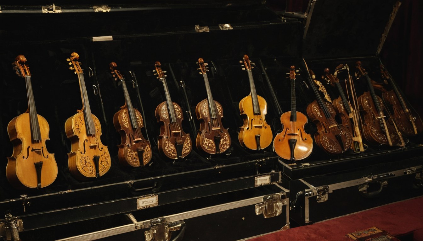 Instrumentos de mariachi en sus estuches entre bastidores