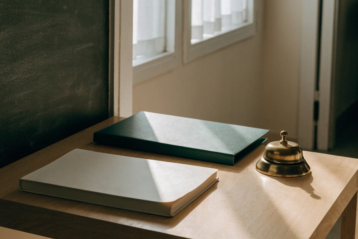 Mesa de recepción con libreta de citas en blanco y carpeta