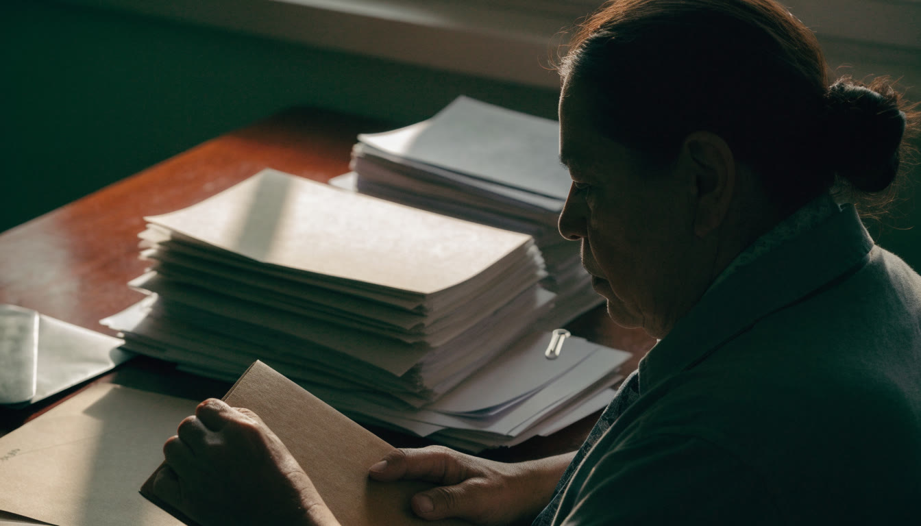 Profesional organizando expedientes administrativos en una mesa de trabajo
