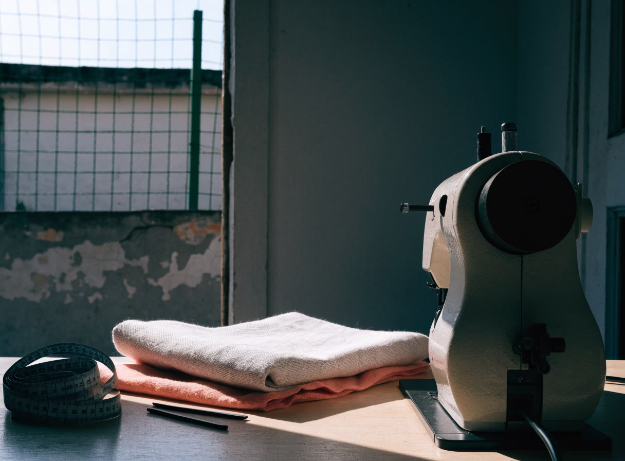Cinta métrica, gis y tela junto a máquina de coser
