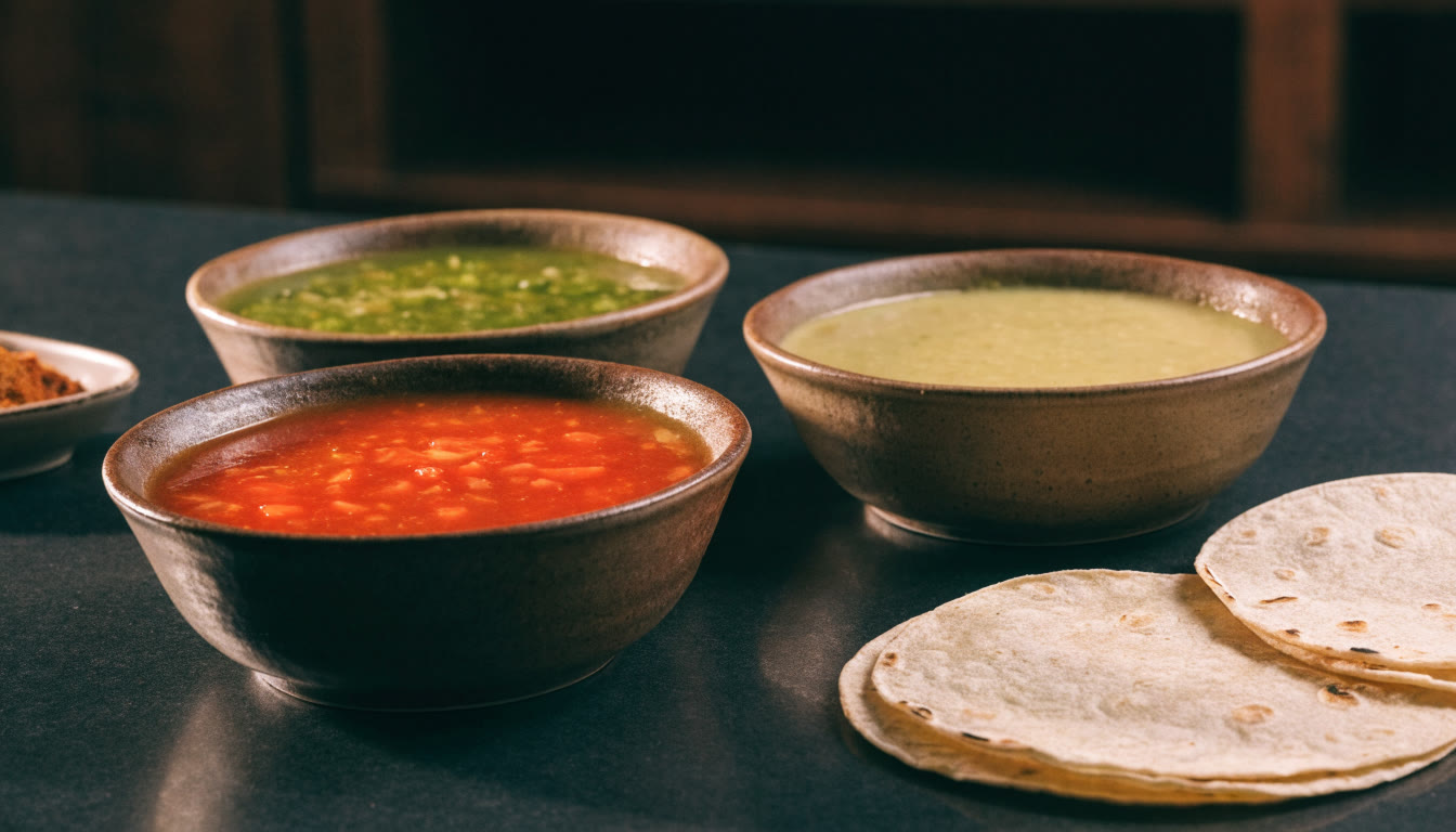 Salsas de distintos colores junto a tortillas