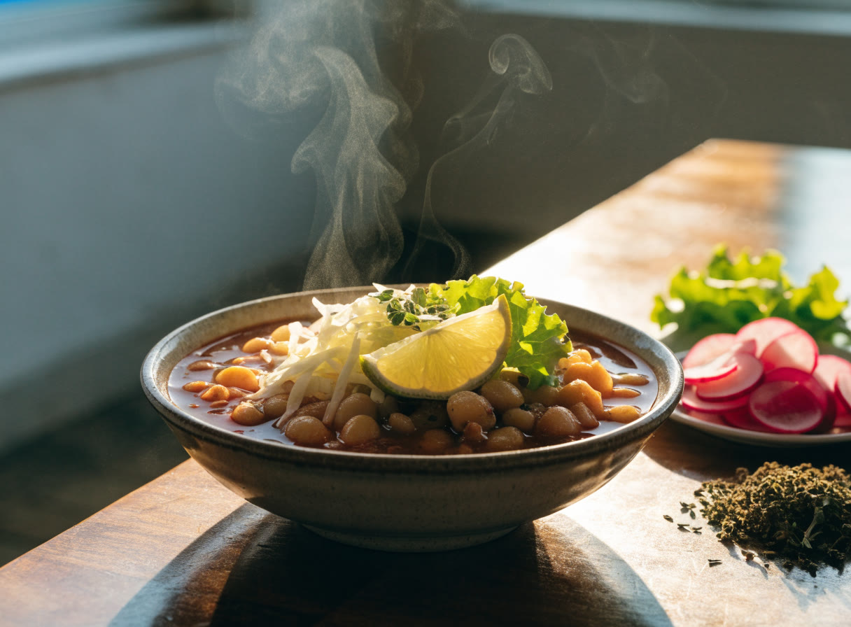 Plato de pozole con complementos frescos