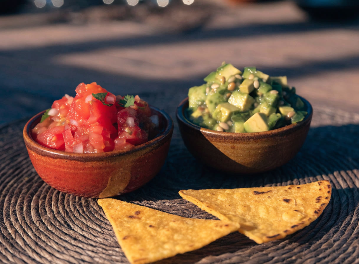 Salsas roja y verde con tortillas