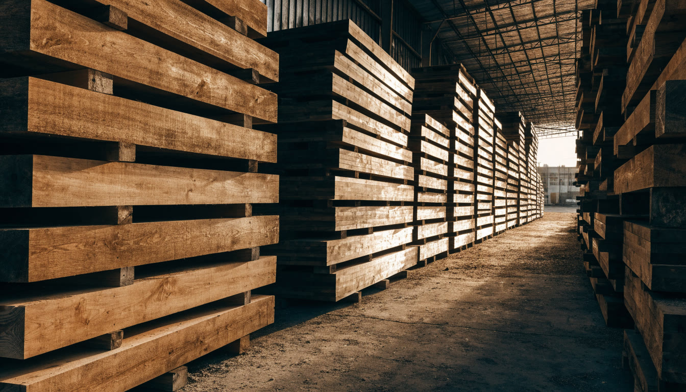 Vigas y tablas en una zona techada de maderería