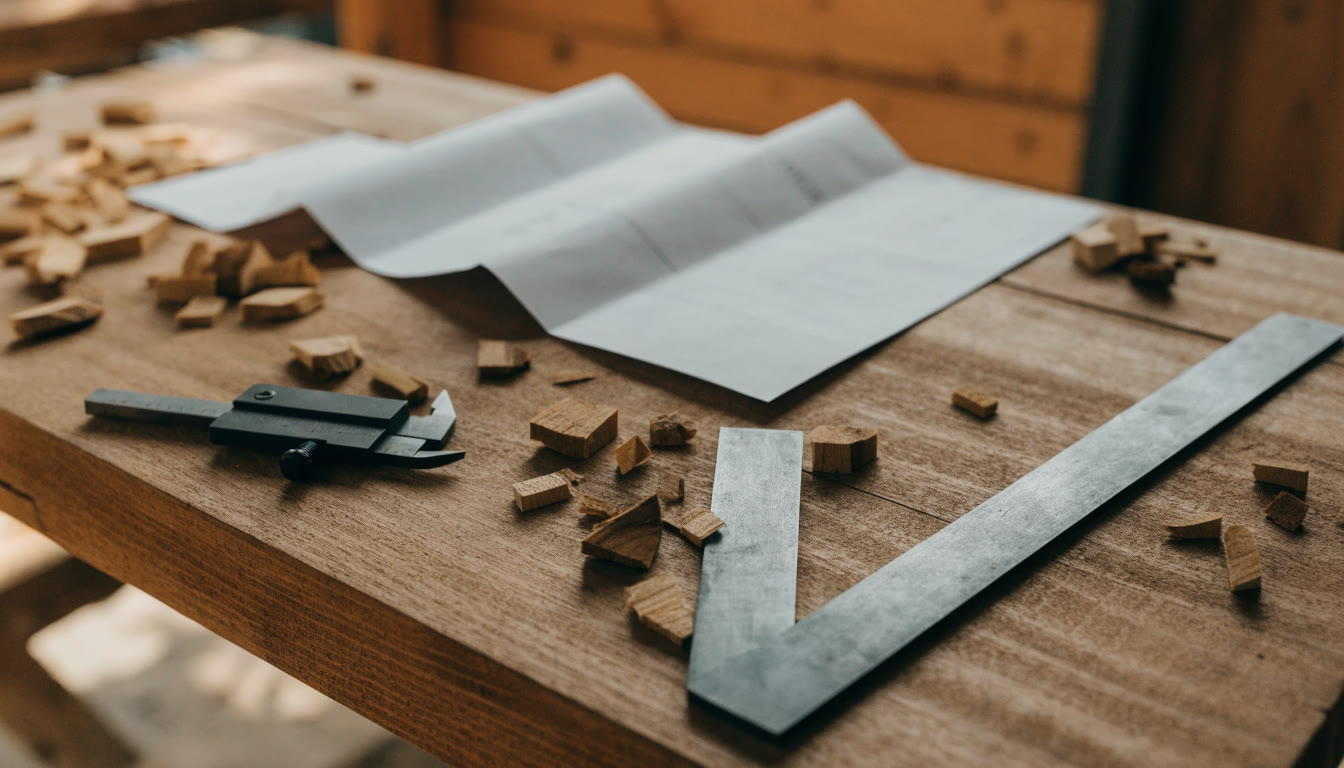 Escuadra y calibrador junto a piezas de madera en una mesa de trabajo