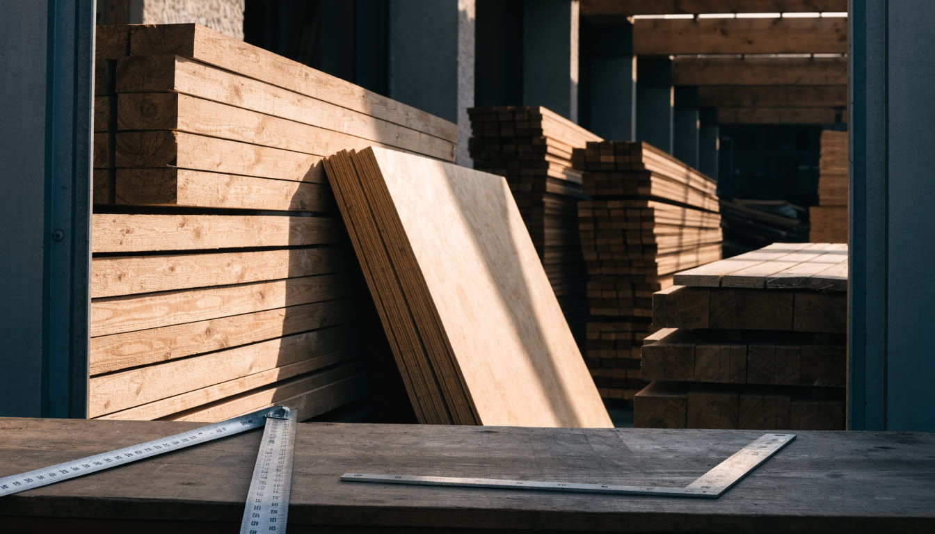 Madera dimensionada y herramientas de medición sobre una mesa de trabajo