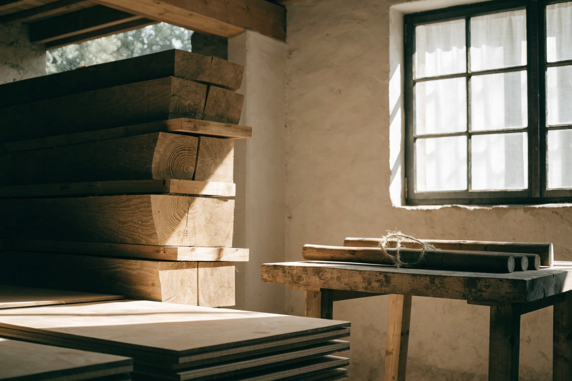 Rincón de taller con vigas y madera ordenada