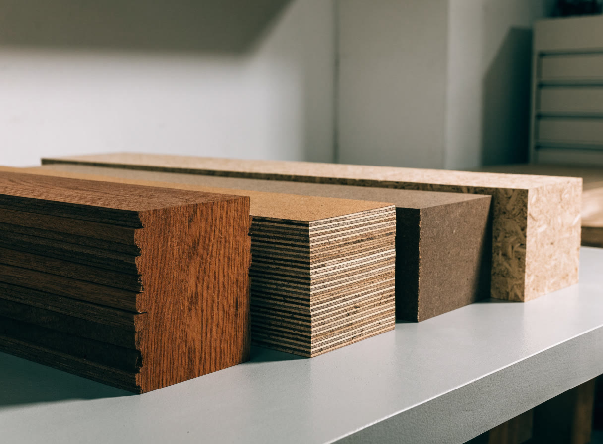 Muestras de madera sólida y tableros con distintos acabados