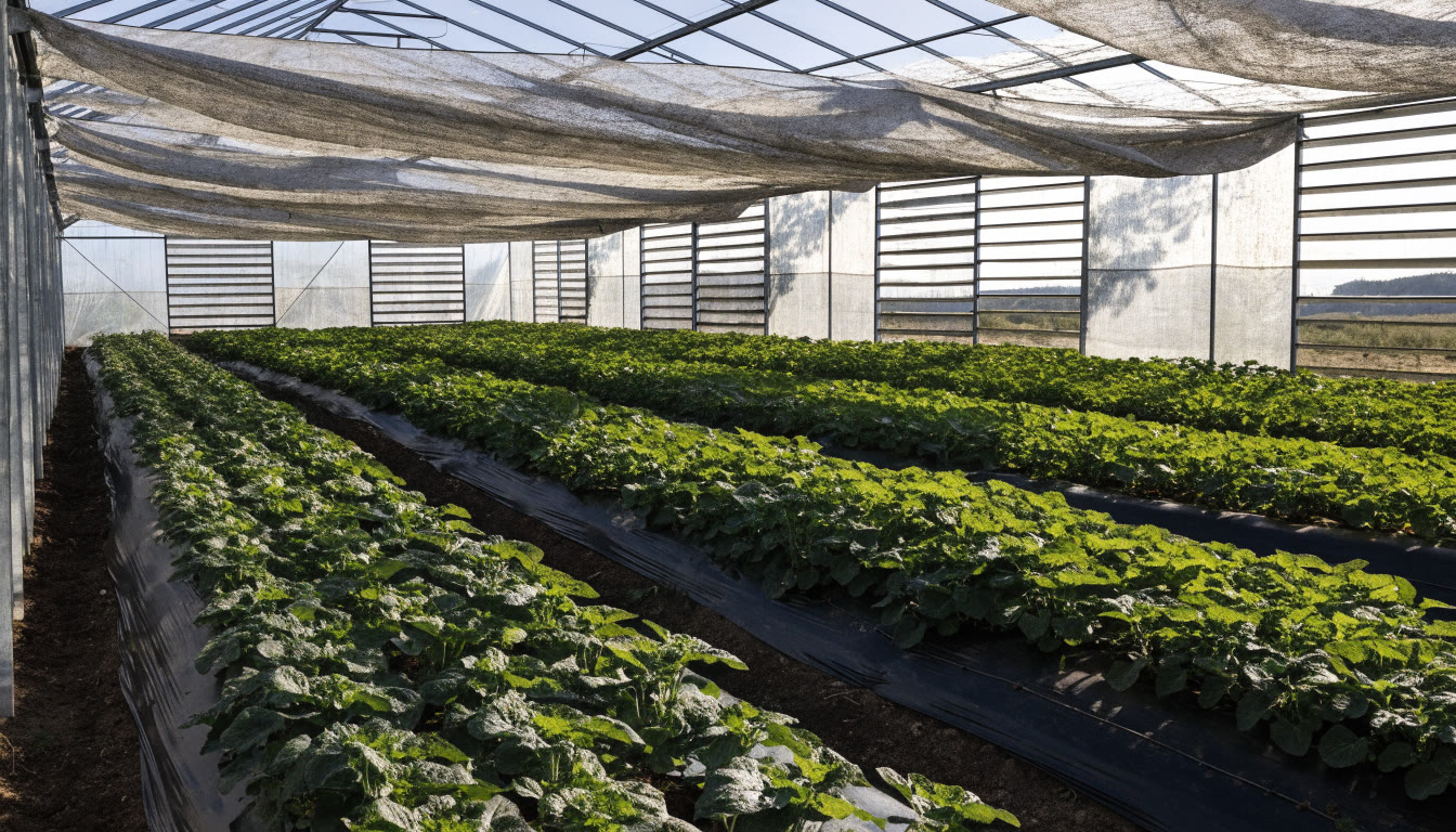Cultivo protegido con malla sombra, ventilación y riego por goteo