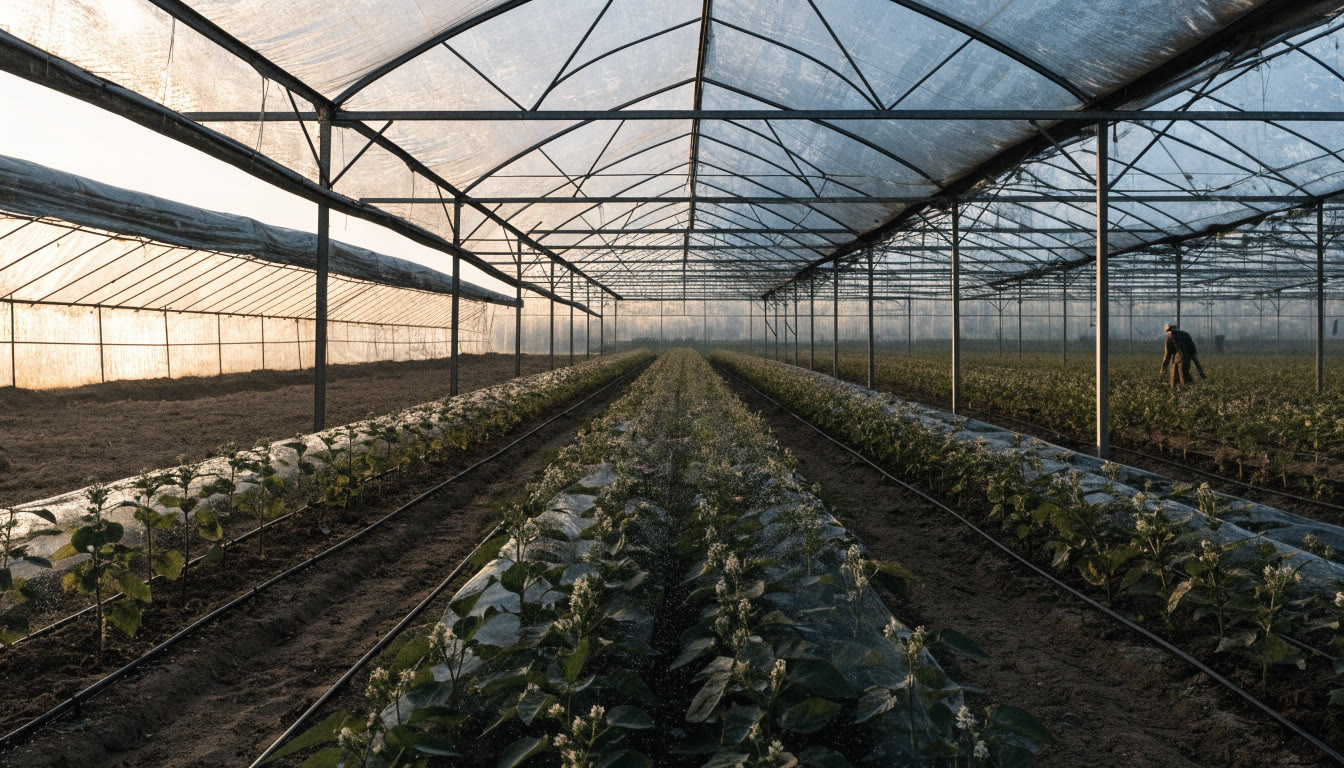 Interior de invernadero con estructura, ventilación y líneas de cultivo