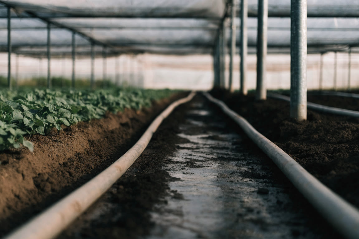 Canal de drenaje entre camas de cultivo protegido