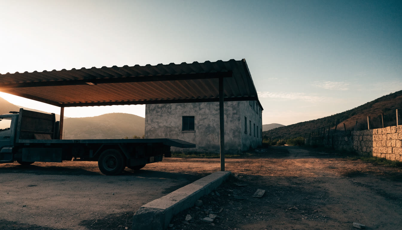 Grúa de plataforma estacionada bajo una techumbre al amanecer