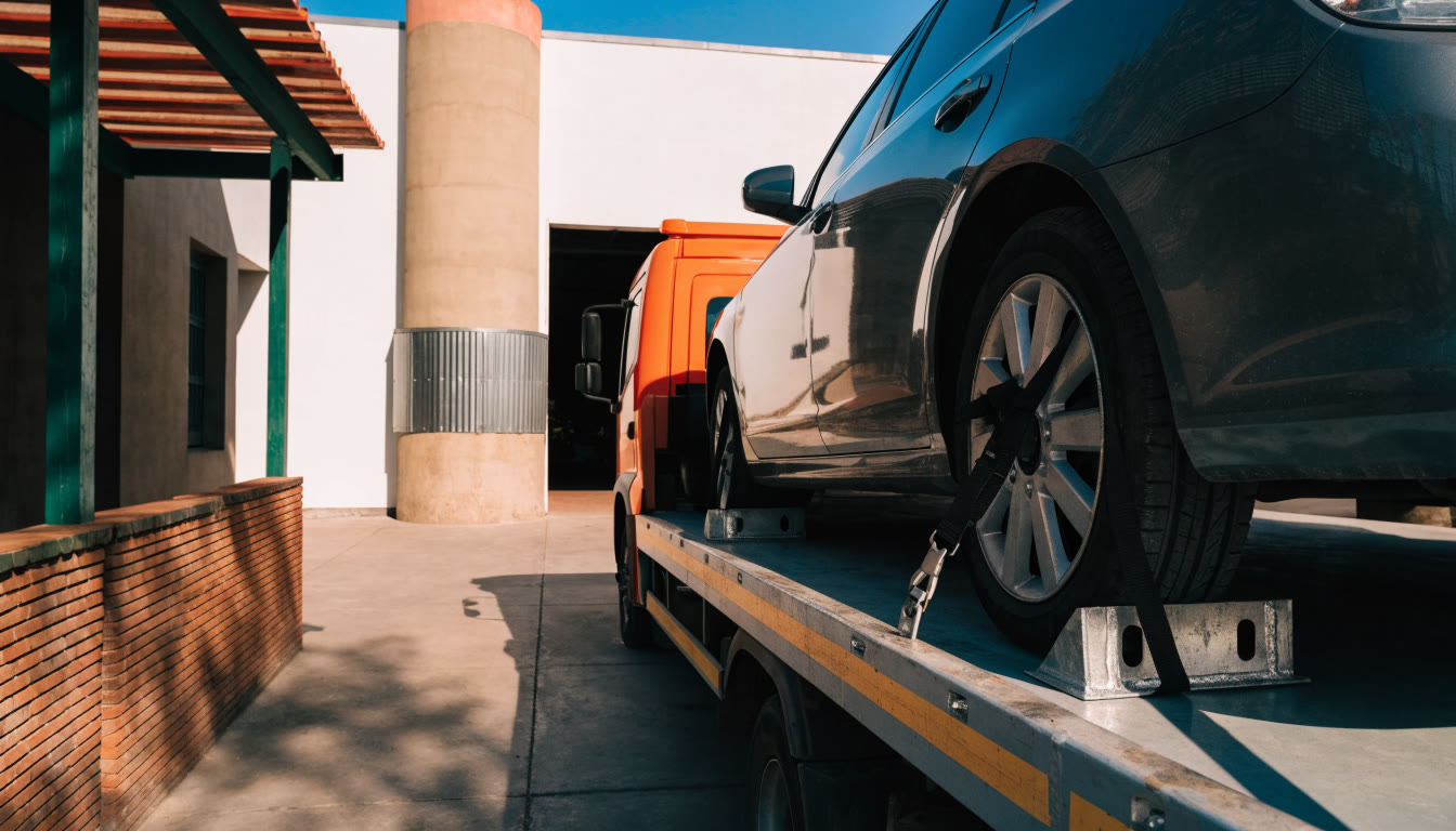 Automóvil asegurado sobre plataforma frente a un taller