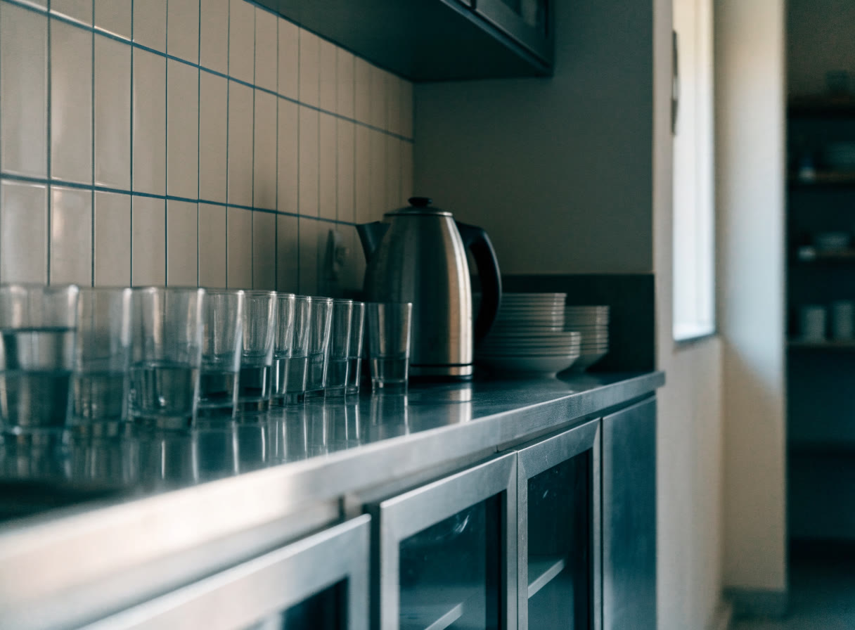Cocina compartida de hostal con tazas y platos ordenados