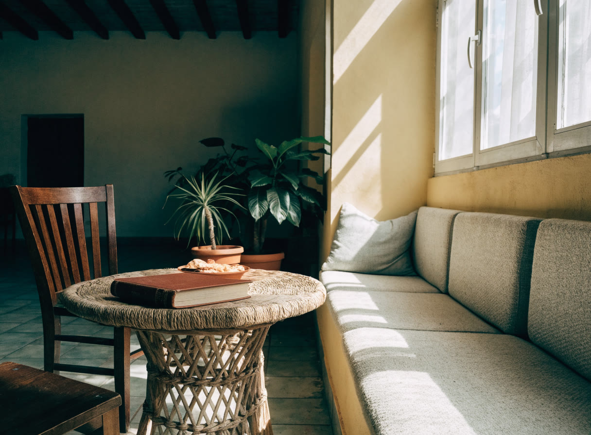 Rincón de lectura tranquilo en un hostal con luz natural