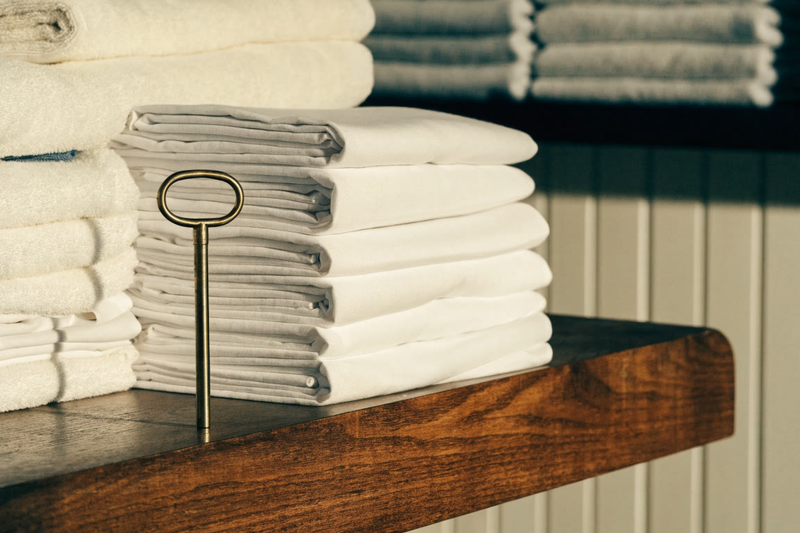 Ropa de cama ordenada y llave sobre un mostrador de madera