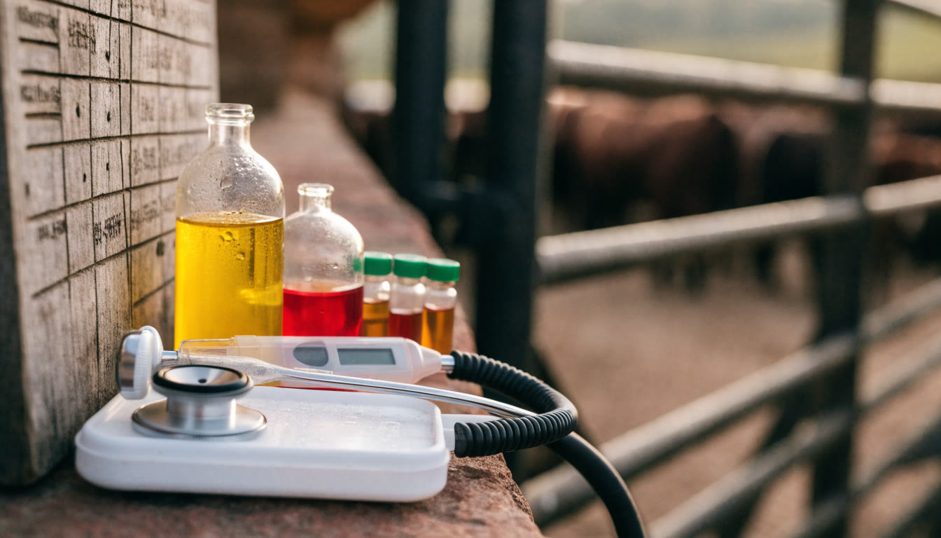 Equipo veterinario de campo organizado junto a un corral