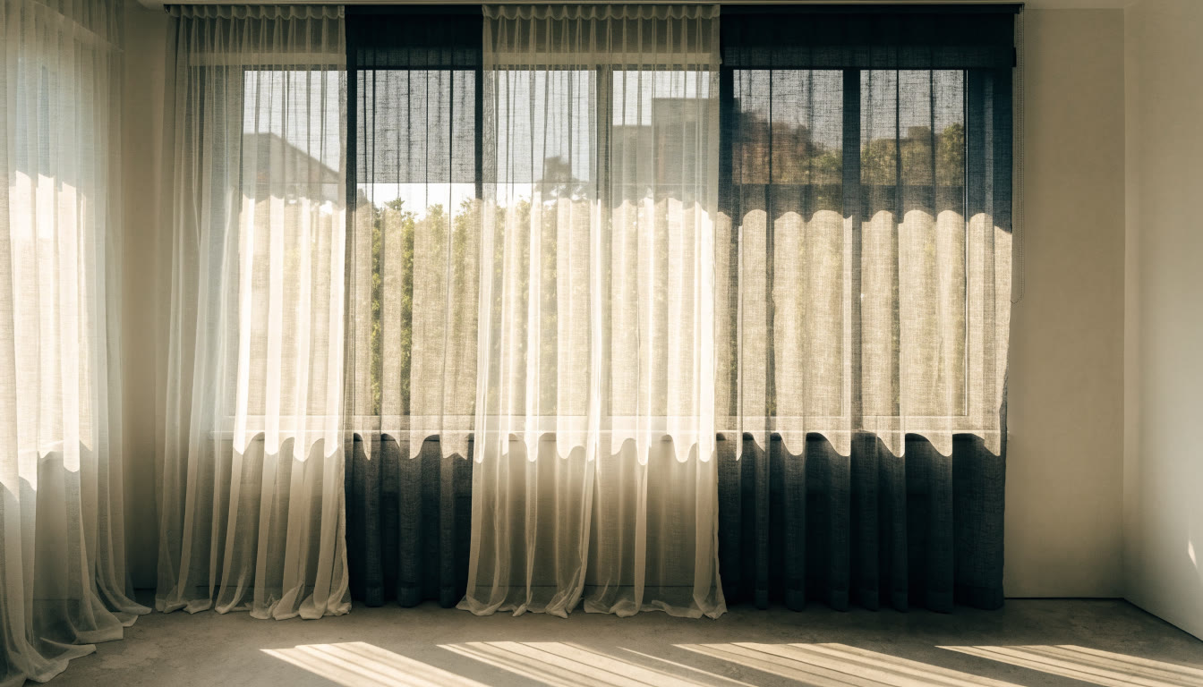 Ventana amplia con cortinas translúcidas y persiana enrollable bajo luz natural