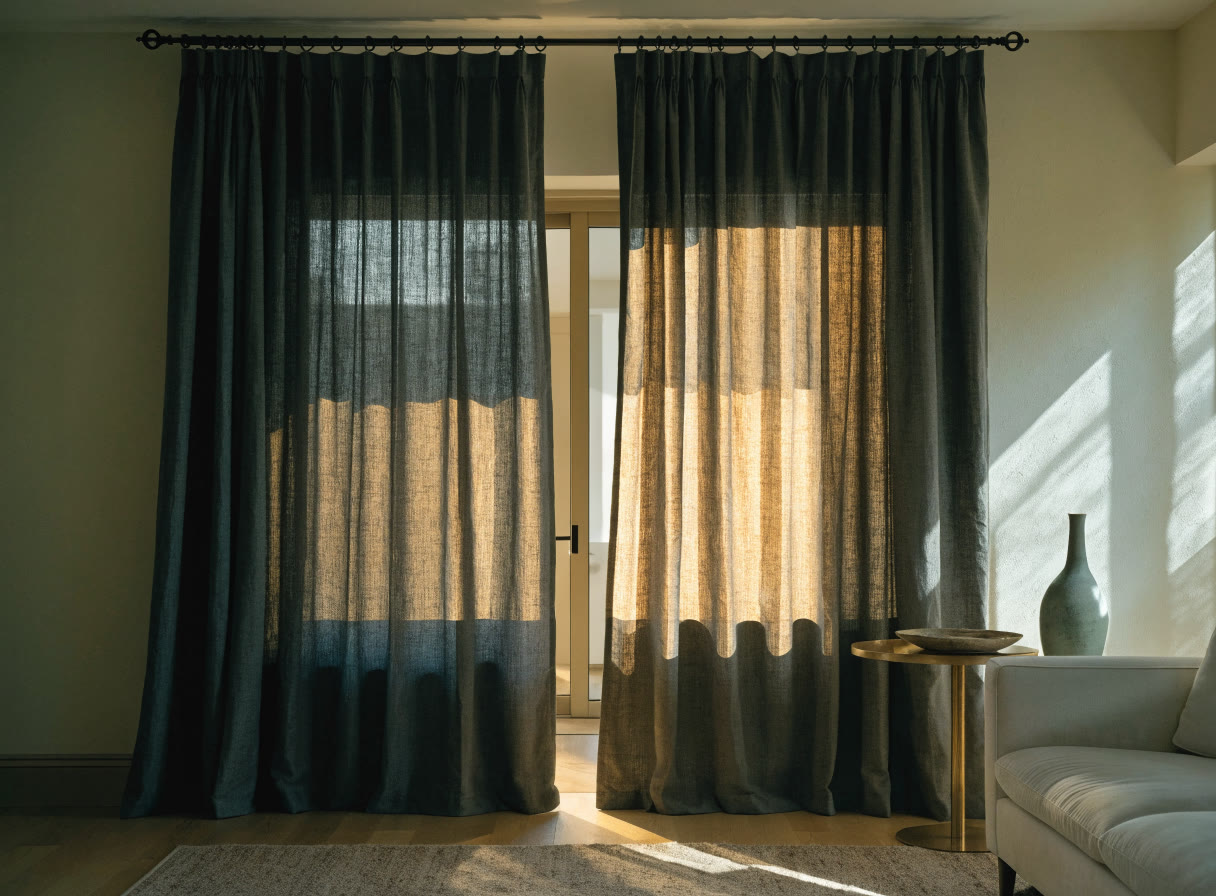 Cortinas de tela instalado en una ventana residencial