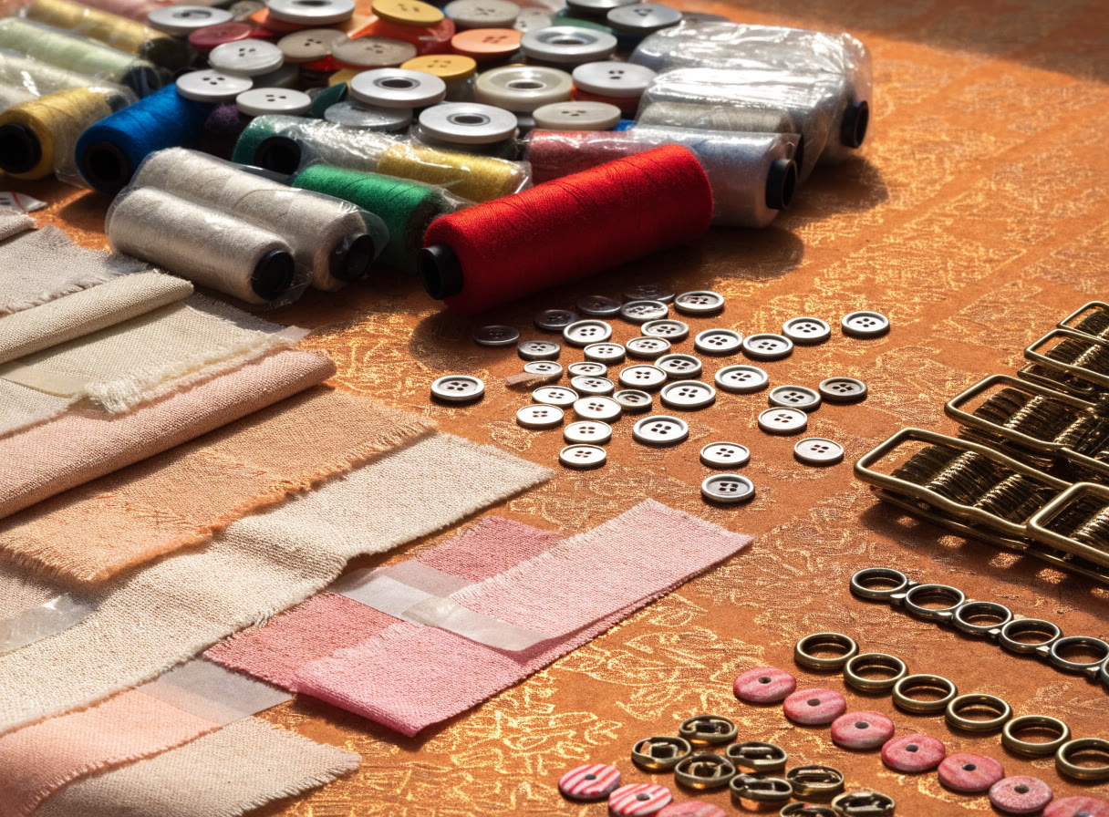 Selección ordenada de materiales de costura sobre papel de patrón