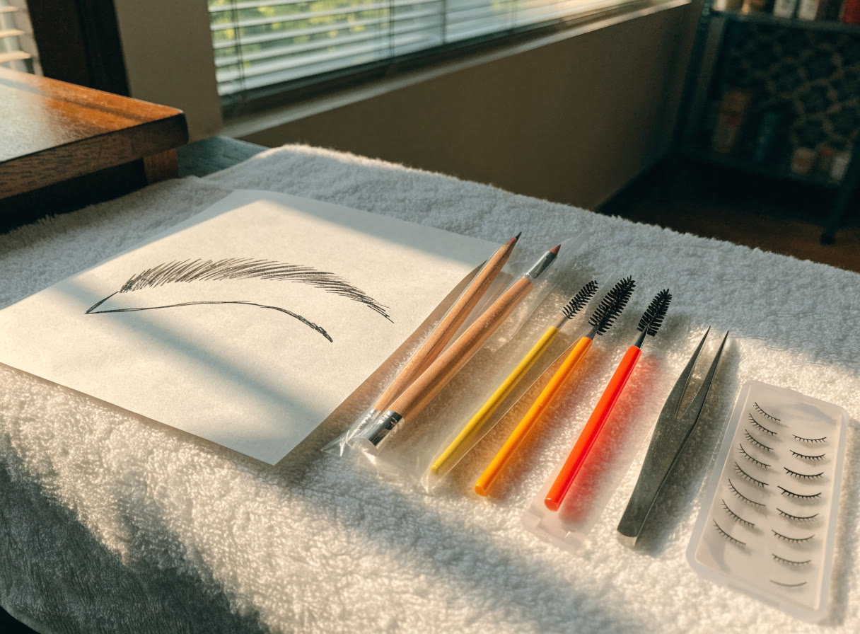 Diseño de ceja y visagismo: materiales preparados para una clase práctica de belleza