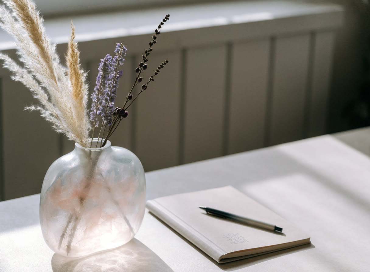 Florero de vidrio esmerilado con flores secas sobre un escritorio
