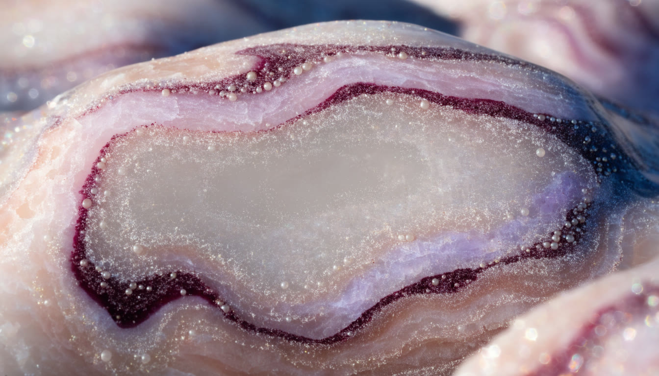 Superficie de piedra de luna y cuarzo rosa con brillo perlado
