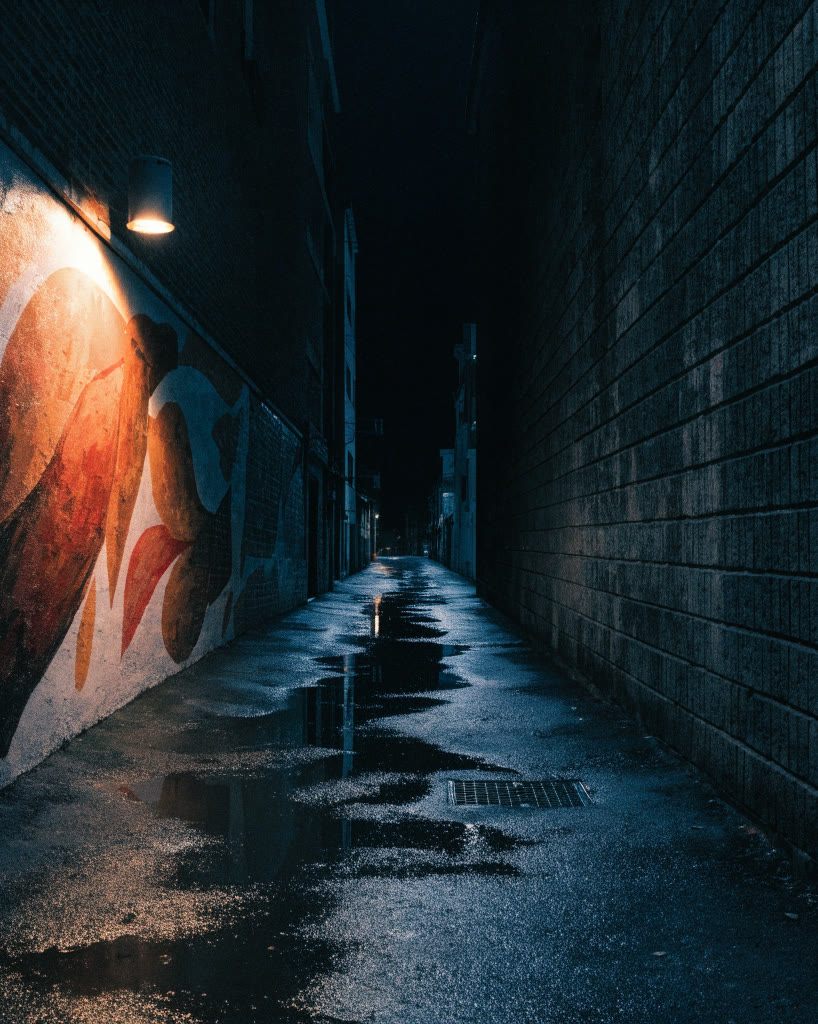 Calle angosta mojada de noche junto a un muro recién pintado con hojas cálidas