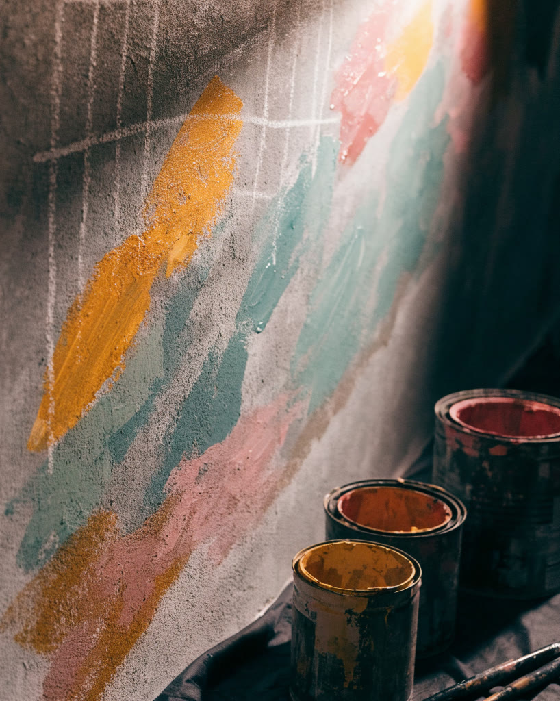 Muro a medio pintar con bloques de color sobre fondo gris y botes de pintura abiertos al pie