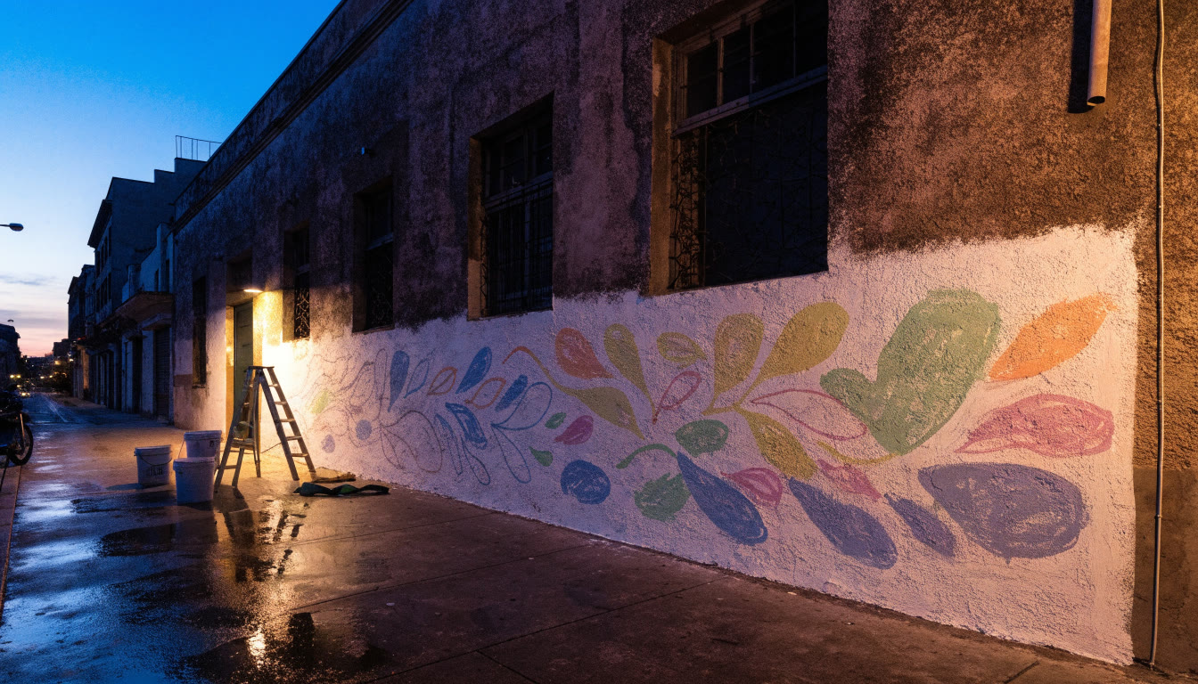 Muro largo recién preparado con el primer bosquejo de color, botes y una escalera al pie