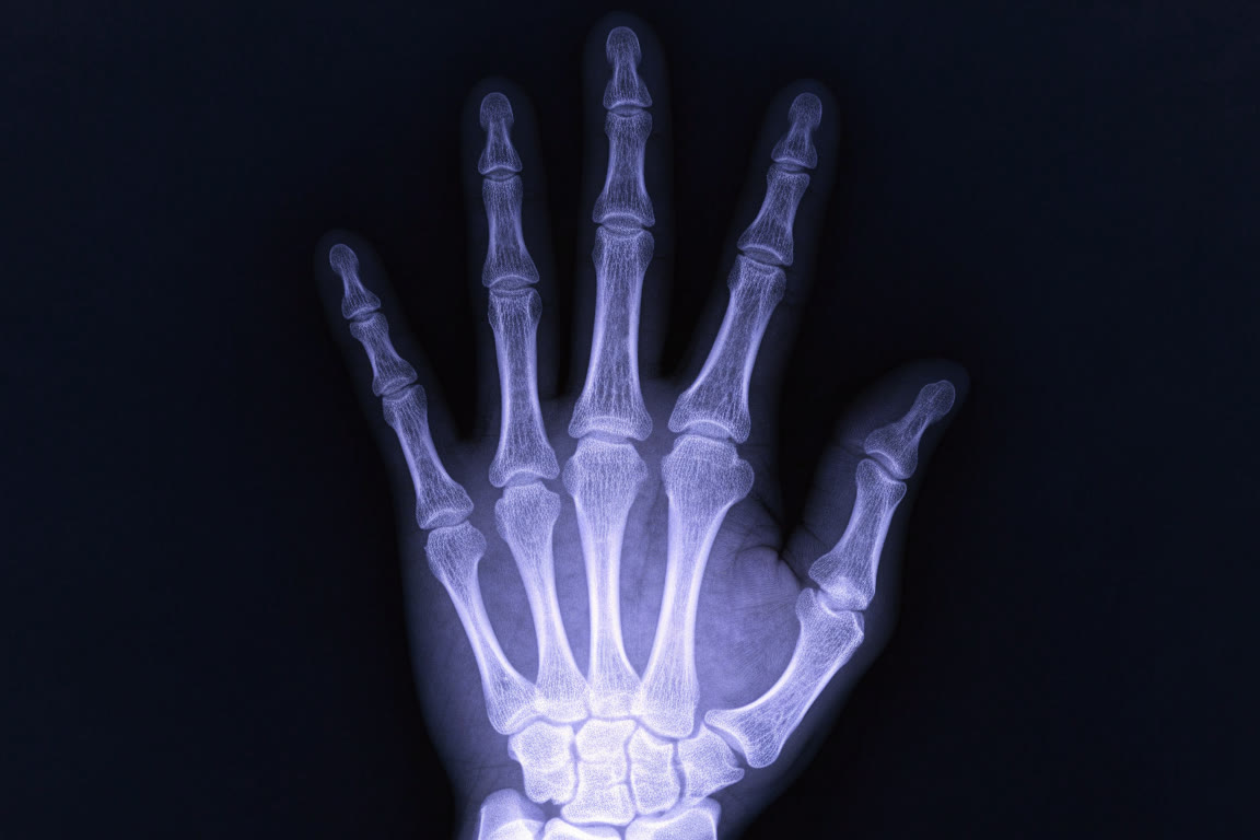 Radiografía de una mano sobre fondo azul tinta
