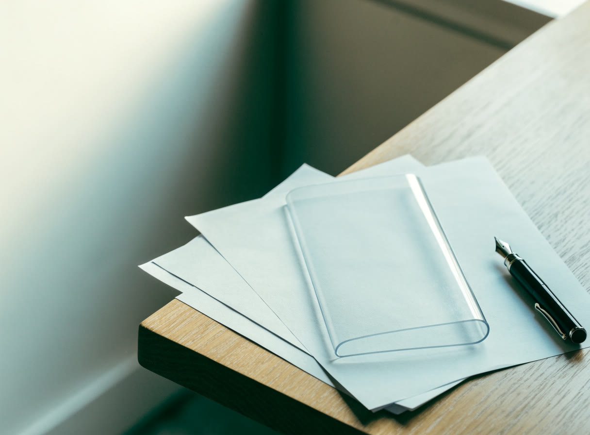 Escritorio con hojas en blanco, carpeta transparente y pluma
