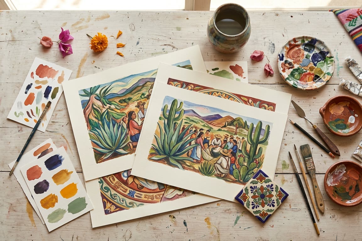Bocetos de murales y muestras de color sobre una mesa de estudio