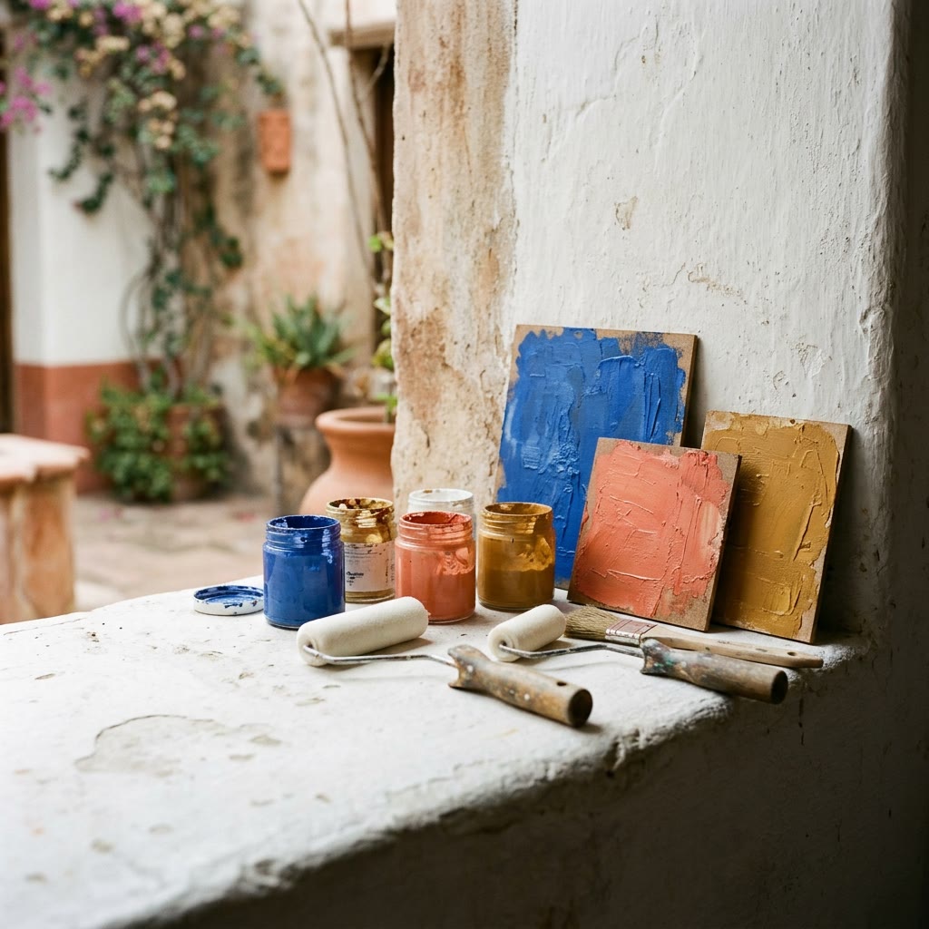 Frascos de pigmento, rodillos y muestras de pintura sobre una repisa