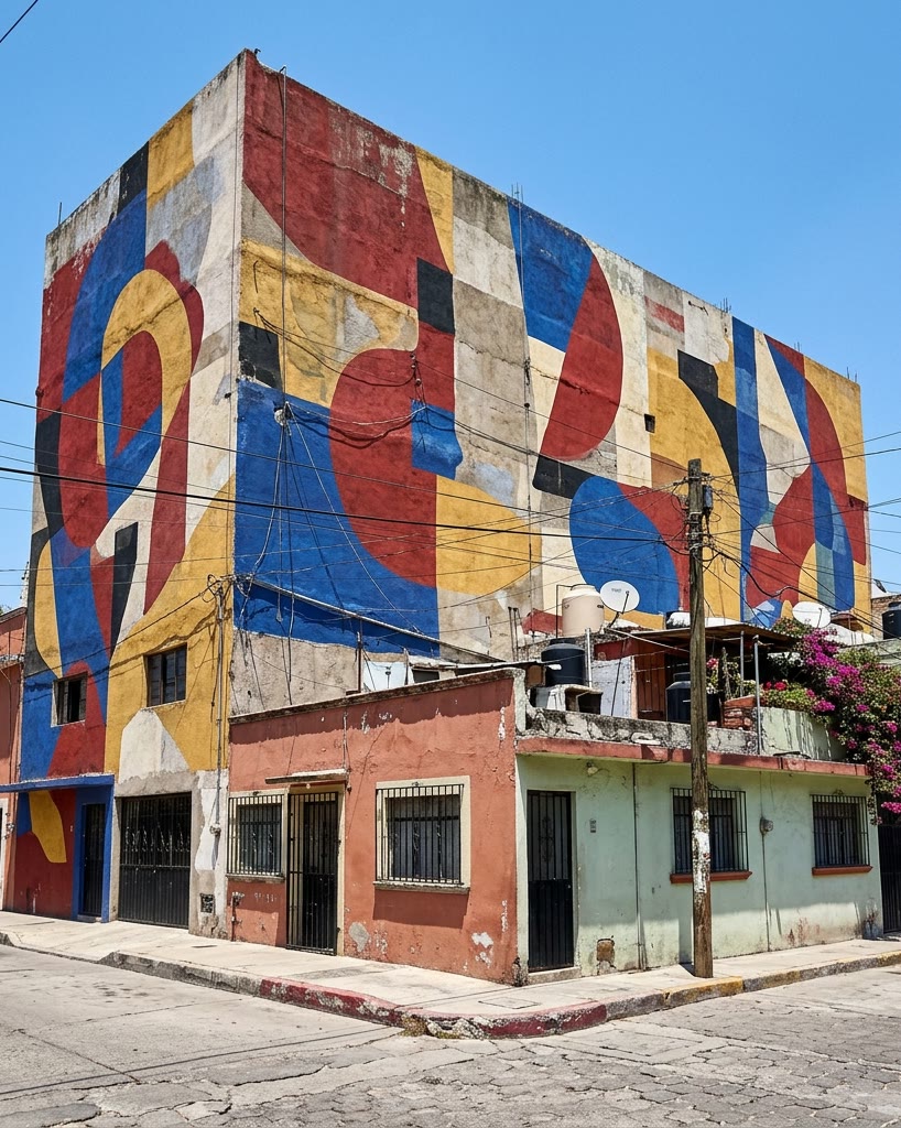 Medianera urbana con un mural de figuras grandes en rojo, azul y amarillo