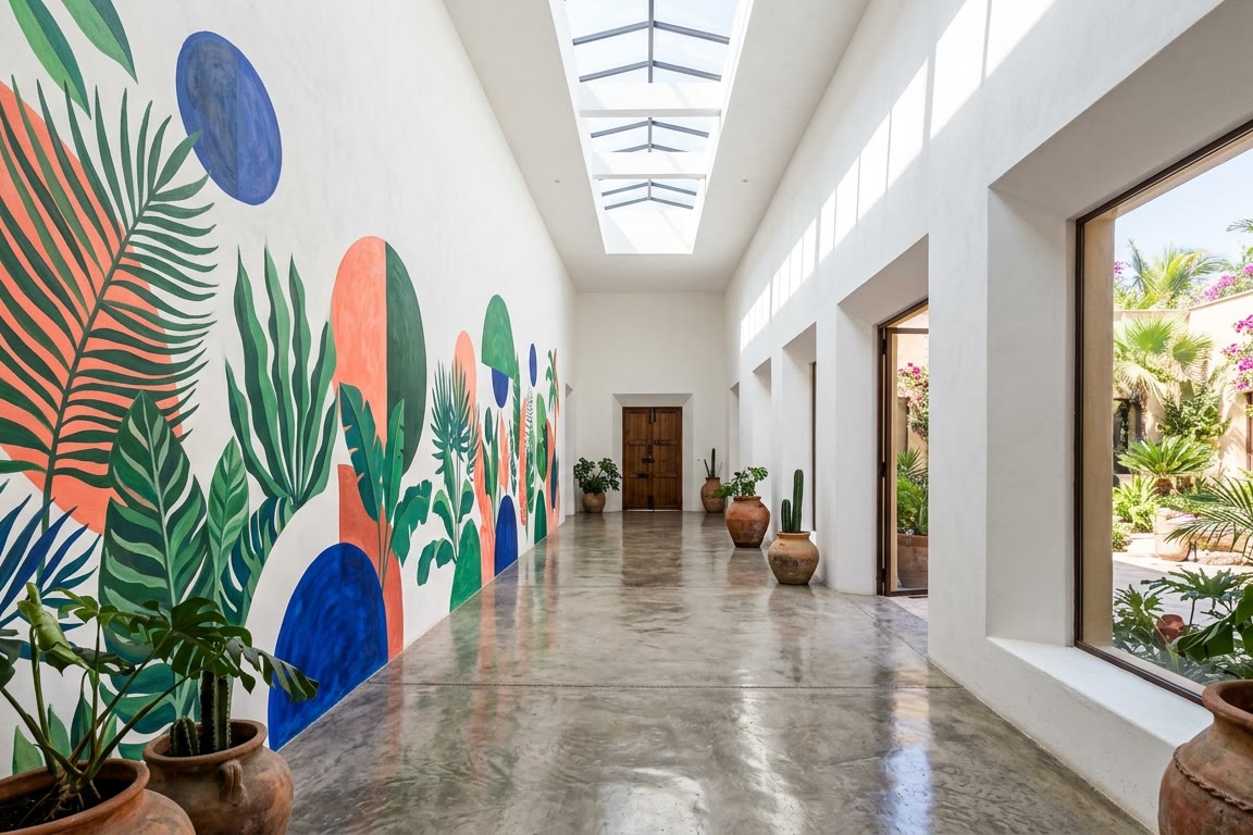 Pasillo blanco con un mural de follaje y círculos en perspectiva