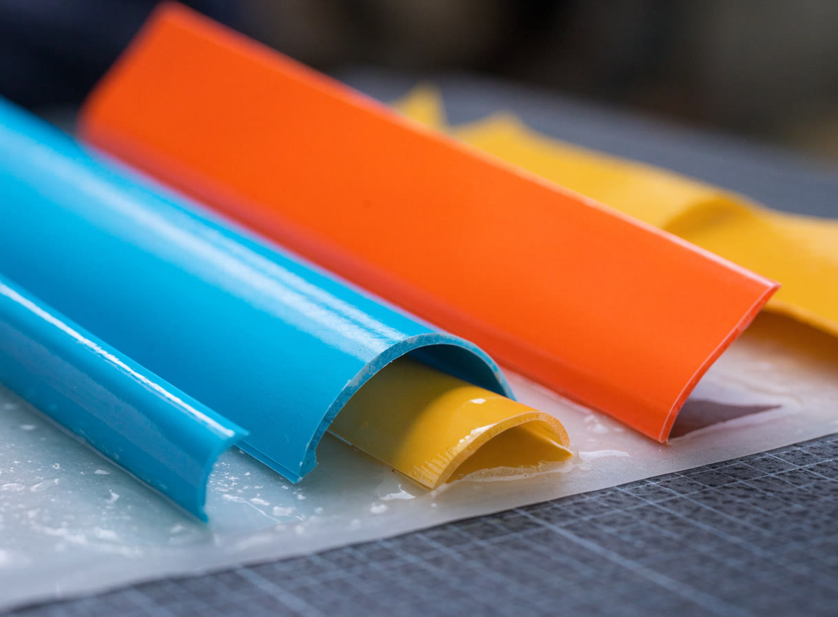 Figuras de vinil de corte cian, naranja y amarillo despegándose de su papel soporte